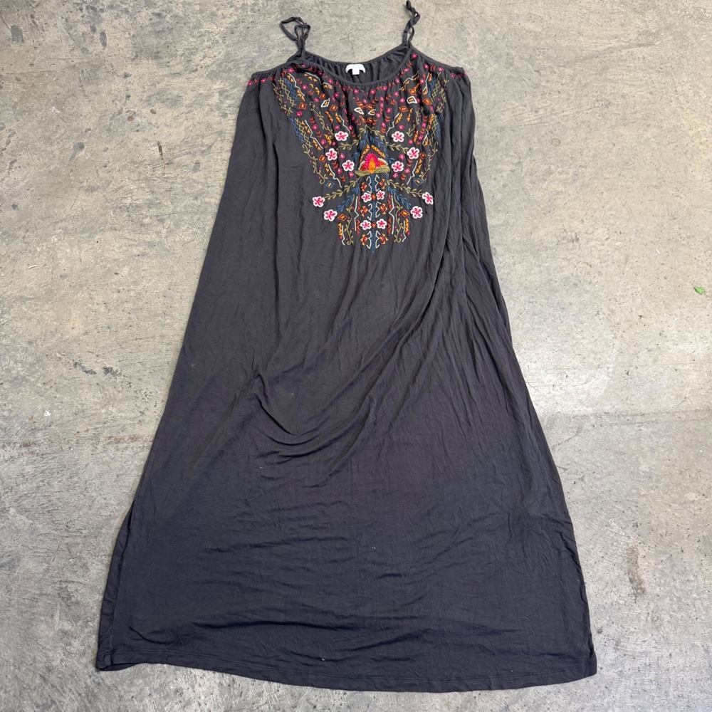 Caite Embroidered Floral Sleeveless Black Maxi Sun Dress Boho Chic S/L Oversized